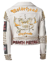 Women’s Gothic Leather Biker Jacket – Guevara Patch, Golden Cone Studs, Custom White Punk Moto Fit